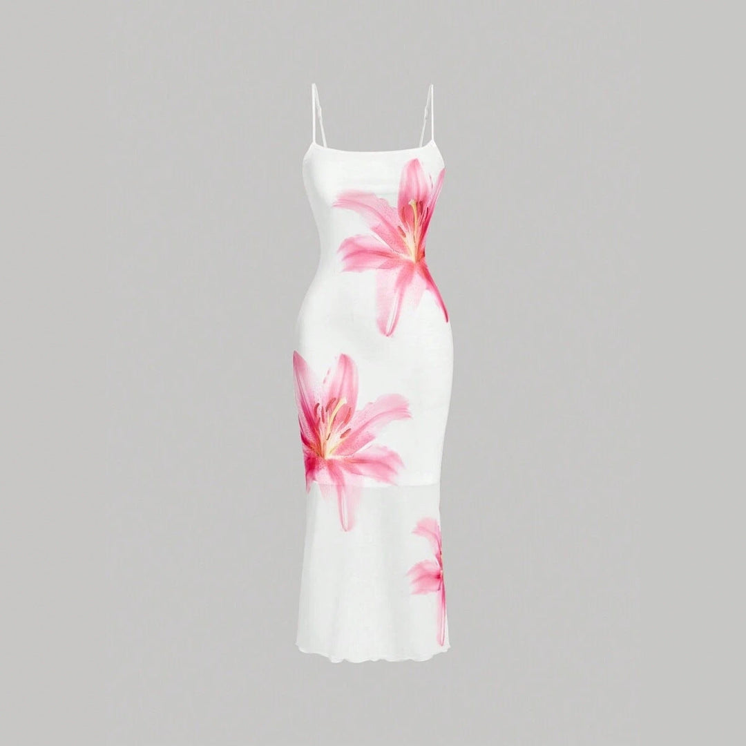 Damen sommerliches Blumenkleid mit feinen Spaghetti-Trägern und fließendem Schnitt Drune
