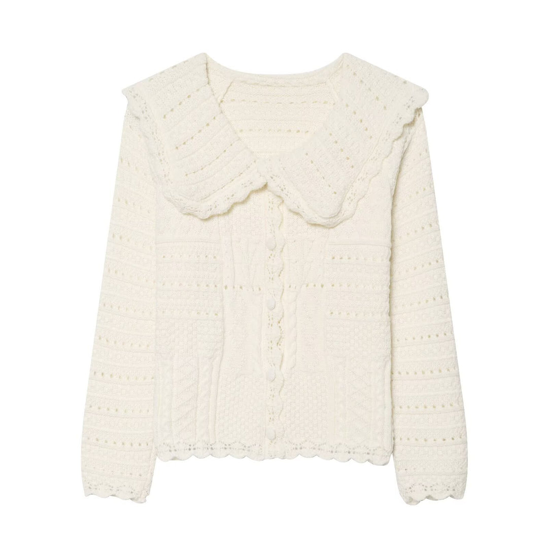 Damen Strickcardigan mit großem scallop-Kragen, Strukturmuster und Zierknopfleiste Drune