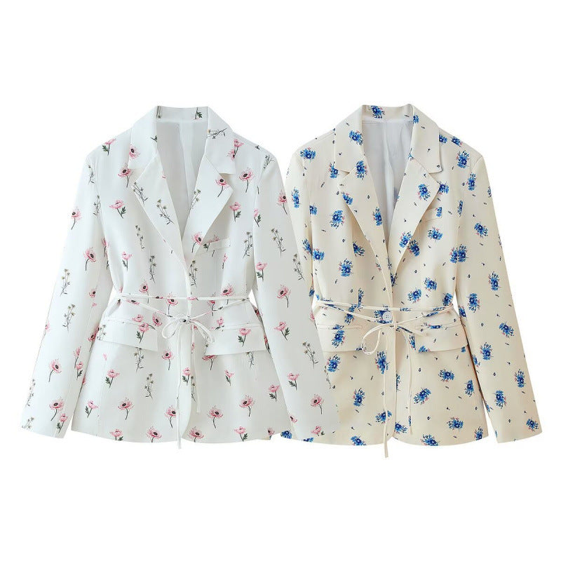 Damen Blazerjacke mit floralem Muster und taillierbarem Gürtel Drune