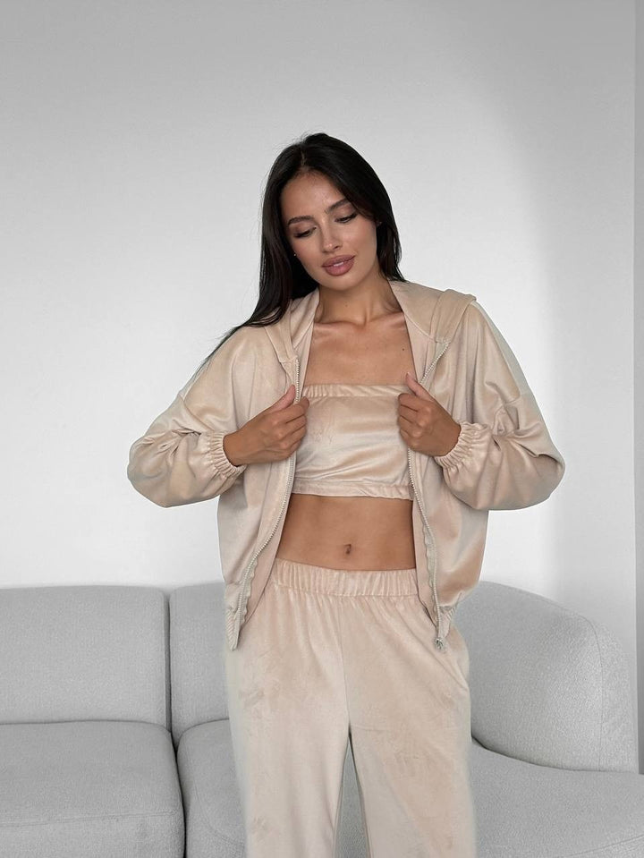 Damen Velours-Loungewear-Set mit Kapuzenjacke, Bandeau-Top und Jogginghose Drune
