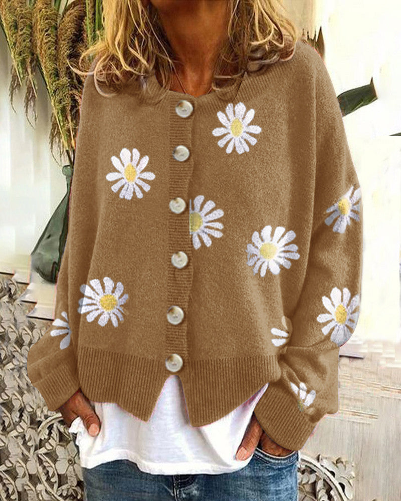Damen Oversize Strickcardigan mit Knopfleiste und Gänseblümchen-Print Drune