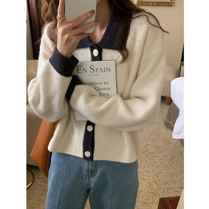 Damen gemusterter Strickjacke mit schickem Kragen und dekorativen Knöpfen Drune