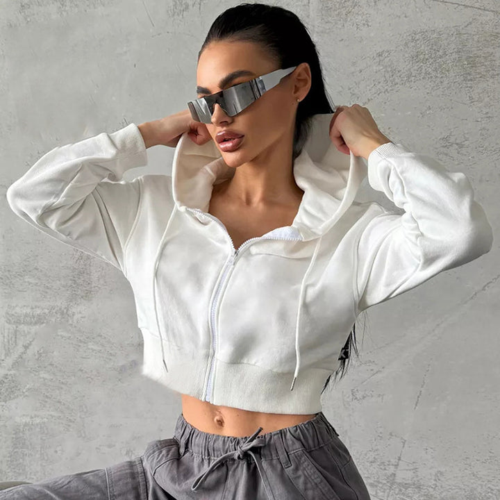 Damen Cropped Kapuzenjacke mit Reißverschluss und Seitentaschen Drune