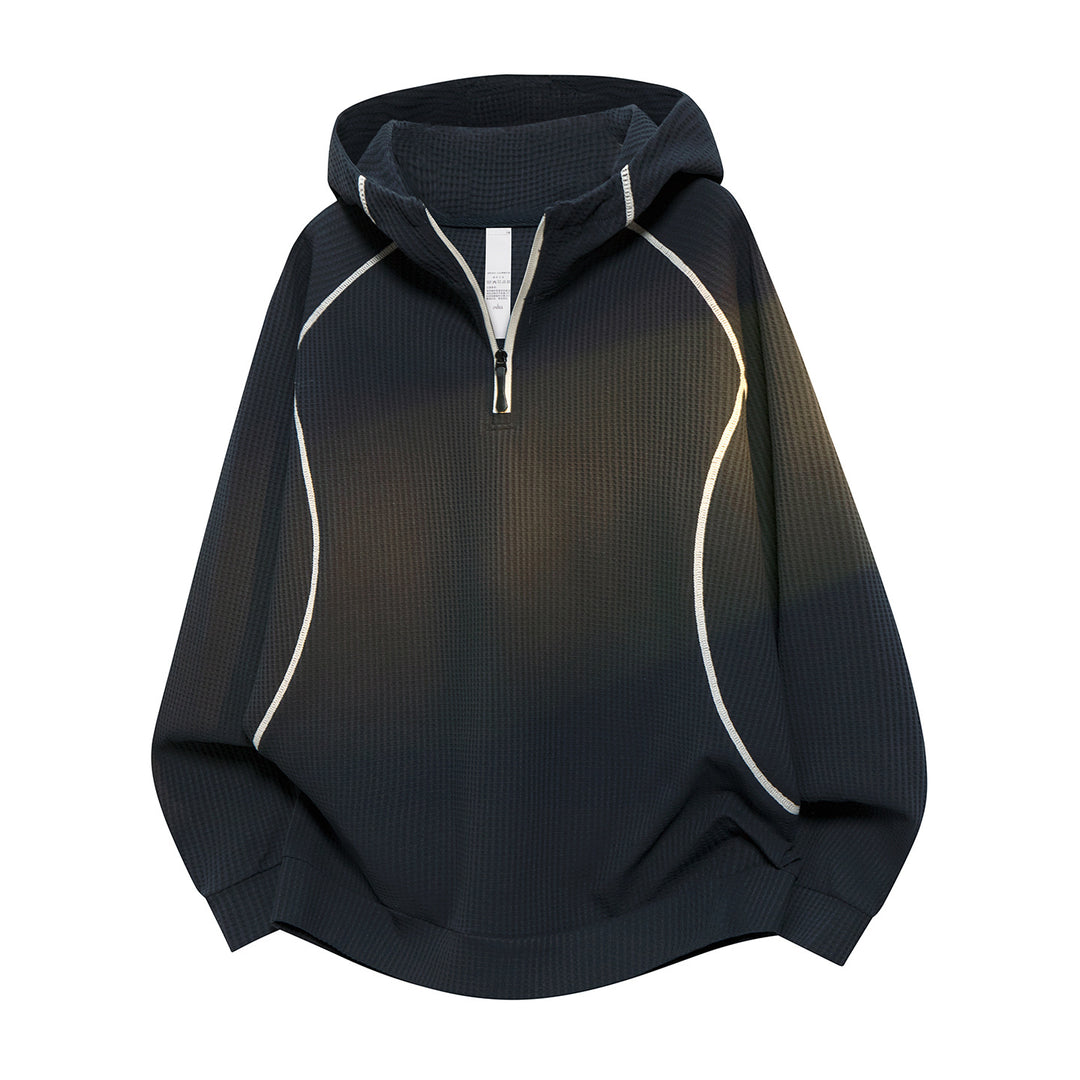 Unisex Oversize Waffelstruktur-Halbzip-Hoodie mit Raglanärmeln und Kontrastpaspeln Drune