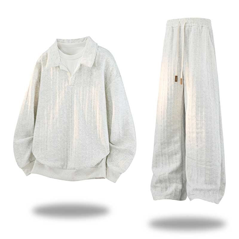 Herren Oversize Strukturiertes Lounge‑Set mit Polokragen, Zopfmuster‑Optik & weitem Bein Drune