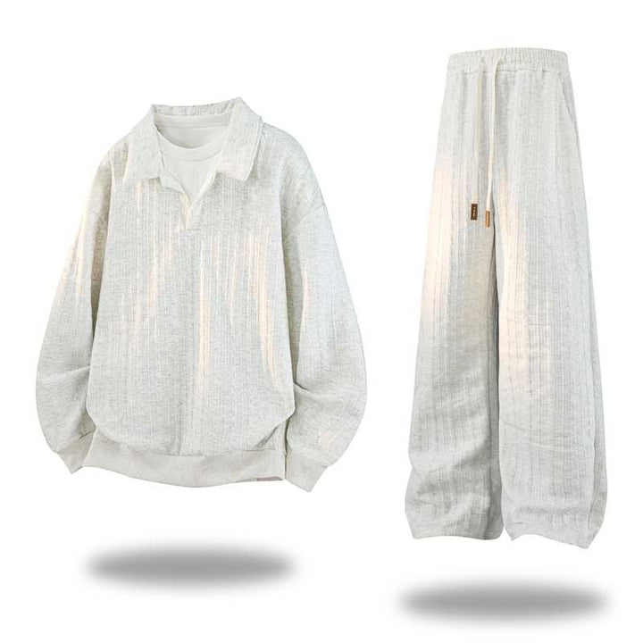 Herren Oversize Strukturiertes Lounge‑Set mit Polokragen, Zopfmuster‑Optik & weitem Bein Drune