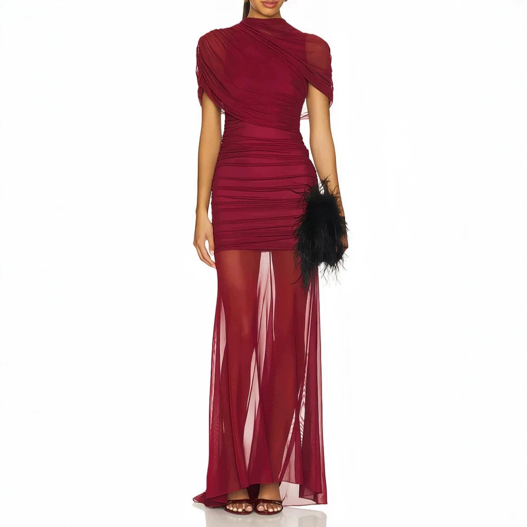 Damen Elegantes Cocktailkleid mit gerafftem Design und transparenter Schicht Drune