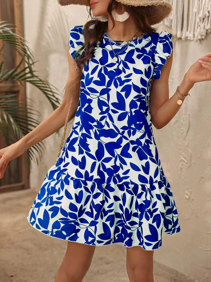 Damen Leichtes Stufen‑Kurzkleid mit Rüschenärmeln und botanischem Print Drune