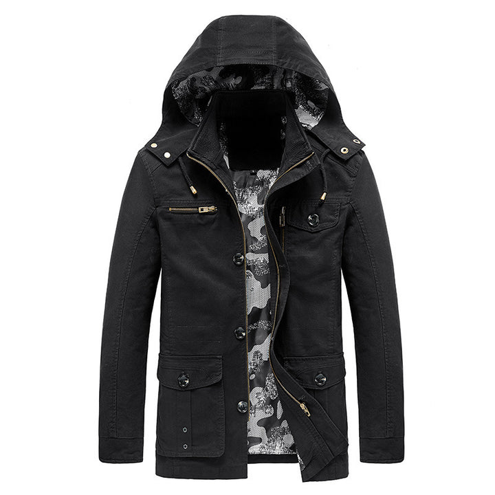 Herren Kapuzen-Canvas-Fieldjacke mit Camouflage-Innenfutter, Multifunktions‑Taschen und Reißverschluss‑Knopfleiste Drune