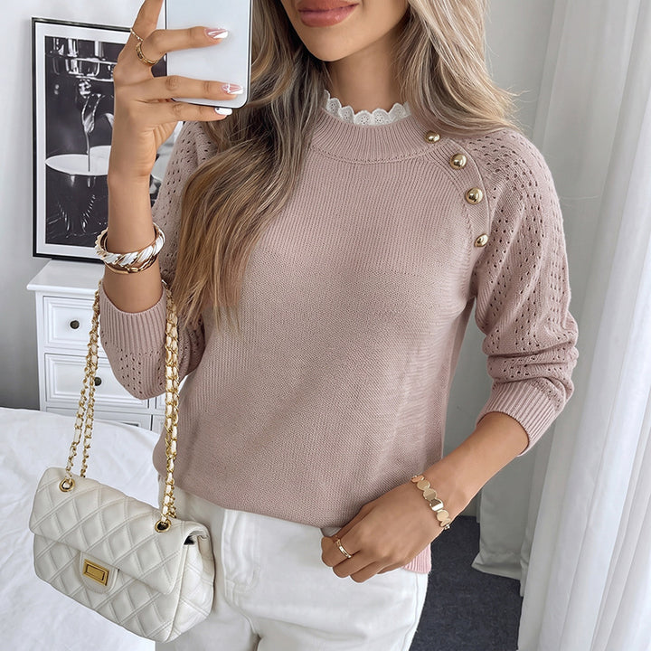 Damen Bequemer Pullover mit Lochmuster und Knopfdetails Drune