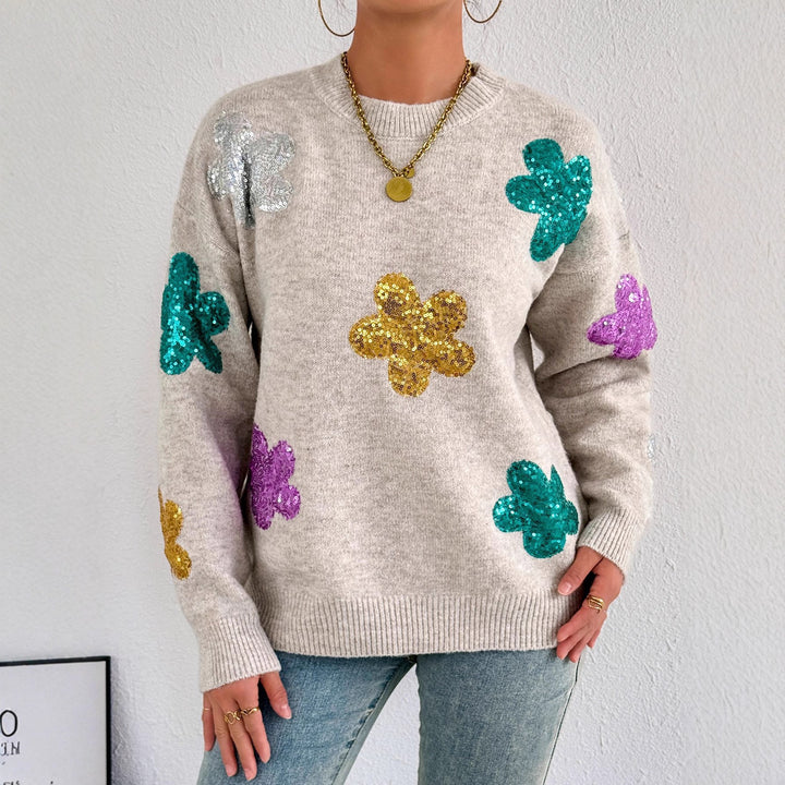 Damen glitzernder Oversized Pullover mit floralem Motiv Drune