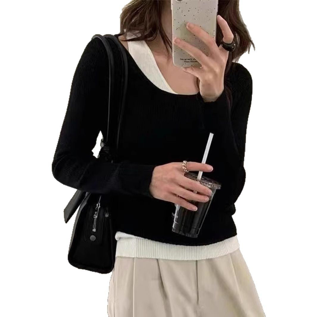 Damen lässiger V-Ausschnitt Strickpullover mit kontrastrierendem Saum Drune