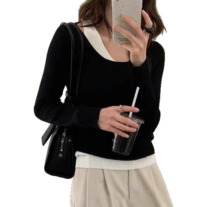 Damen lässiger V-Ausschnitt Strickpullover mit kontrastrierendem Saum Drune