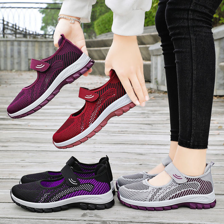 Damen nan atmungsaktive Strick-Mary-Jane Walkingsneaker mit Klettverschluss und dämpfender Leichtlaufsohle Drune
