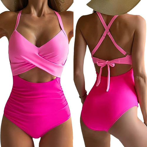 Damen Einteiler Badeanzug mit stylischem Wickeldesign und raffinierten Kreuzträgern Drune