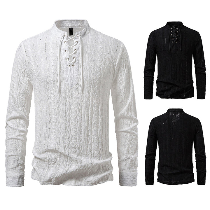 Herren Feinstruktur Henley-Langarmshirt mit Schnürung und Stehkragen Drune