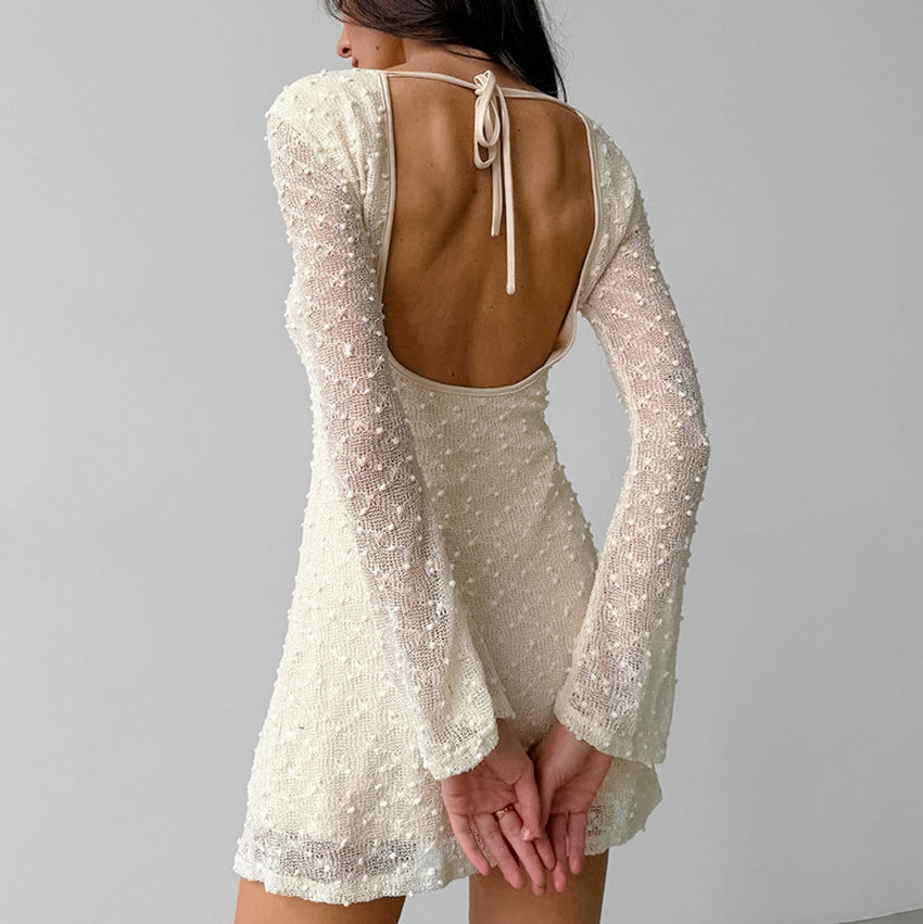 Drune | Jacquard Mini Kleid Taillierte Silhouette Rundhals Langarm Rückenfrei Mit Schleife