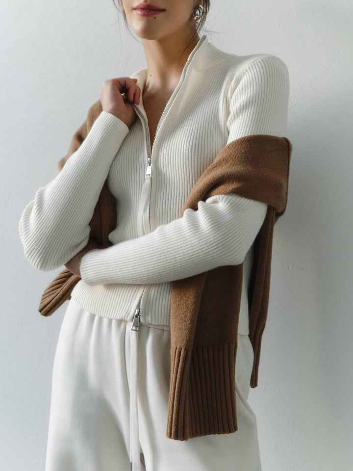 Damen Stehkragenpullover mit Reißverschluss und Rippstruktur Drune