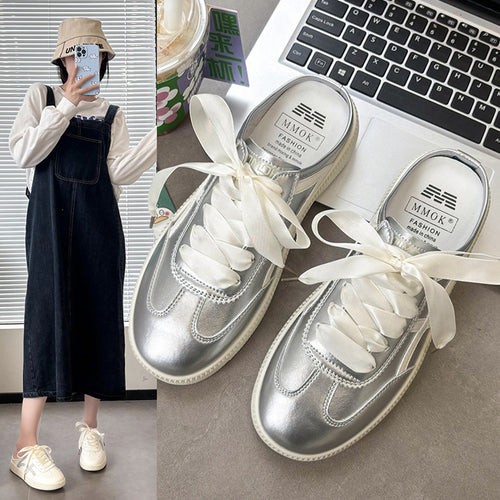 Damen Satin-Schnürpantoffel Mule-Sneaker mit offener Fersenpartie und Metallic-Optik Drune