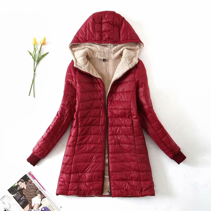 Damen nan ultraleichter gesteppter Parka mit Teddyfutter, Kapuze und taillierter A-Linien-Silhouette Drune