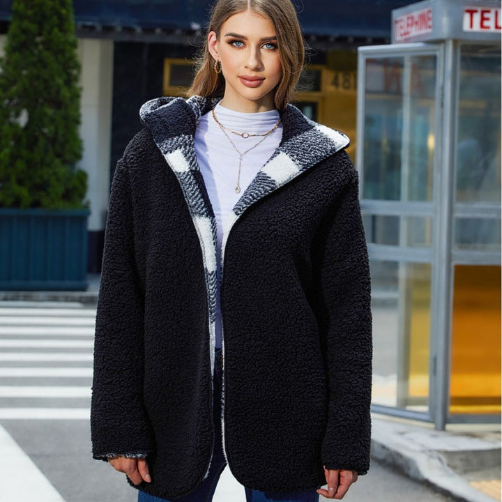 Damen Plüschige Karojacke mit oversized Passform und Kapuze Drune