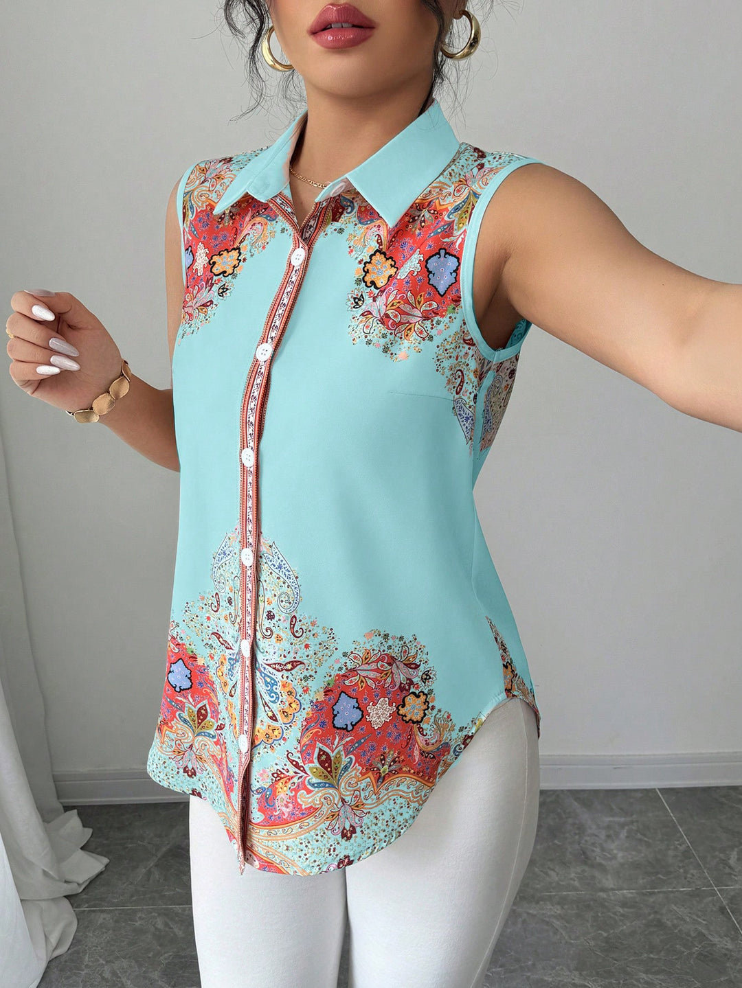 Damen Ärmellose Hemdbluse mit Kentkragen, A-Linien-Silhouette und durchgehender Knopfleiste Drune