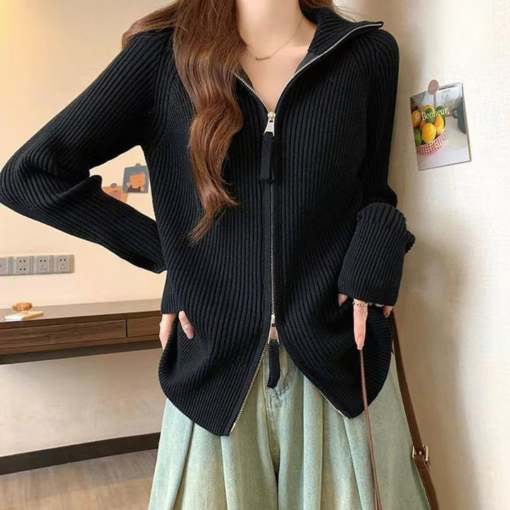 Damen Modische Strickjacke mit Stehkragen und Reißverschluss Drune