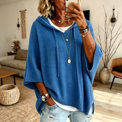 Damen nan Oversize Strickponcho mit Kapuze und kurzen Ärmeln Drune