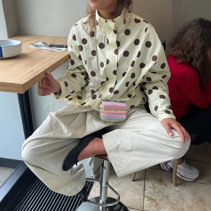 Damen Boxy Hemdjacke mit Stehkragen, Ballonärmeln und großem Polka‑Dot‑Print Drune