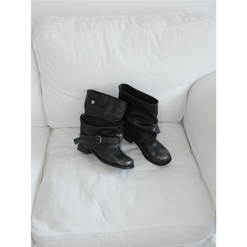 Damen Biker-Stiefel mit lässig geschlagenem Schaft, Schnallenriemen und niedrigem Blockabsatz Drune