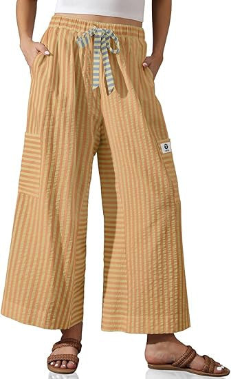Damen weite Palazzo-Hose mit gestreiftem Muster und praktischen Taschen Drune