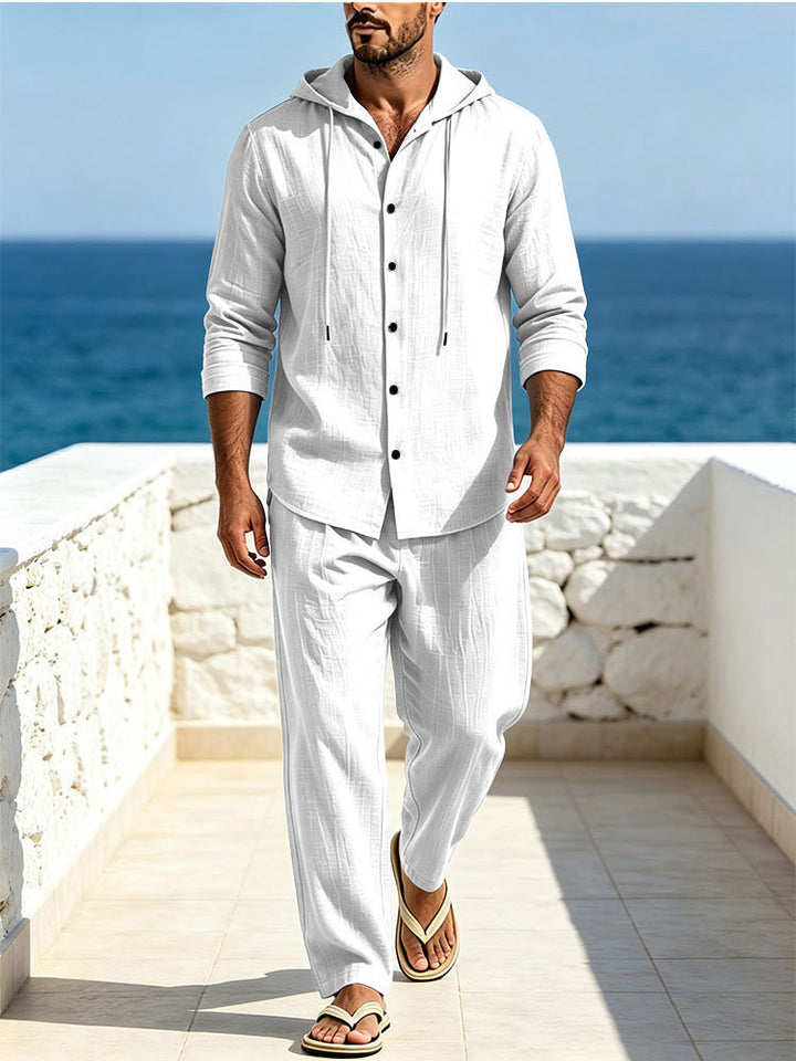 Herren Atmungsaktives Baumwoll-Gauze Loungewear-Set mit Kapuzenhemd und weiten Sommerhosen Drune