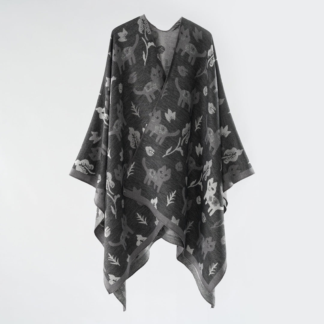 Damen Oversized Ruana im Jacquard mit Katzen- & Blumenmotiv Drune