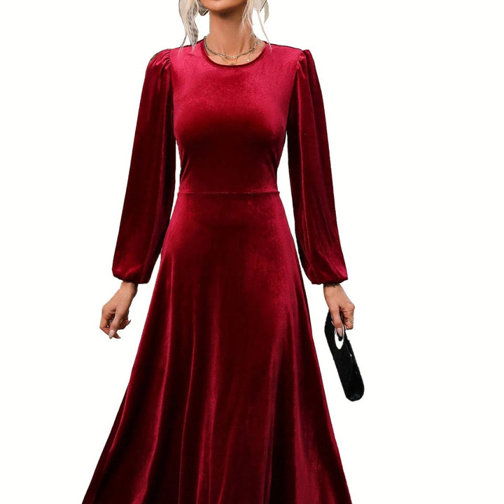Damen elegantes Samt-Maxikleid mit taillierter Corsage, langen Ballonärmeln und fließender A-Linien-Rock Drune