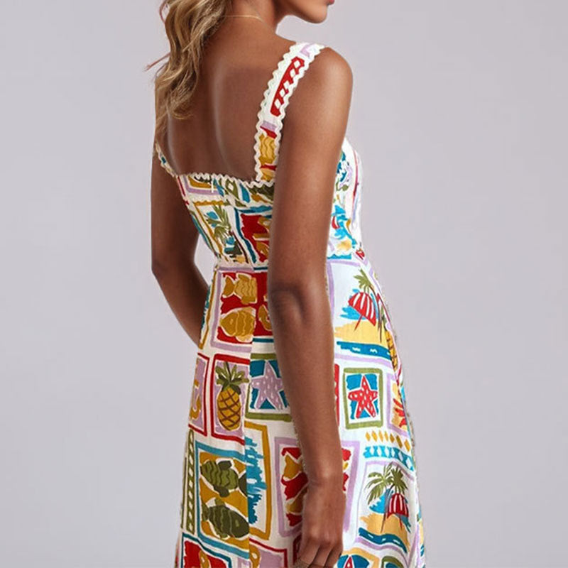 Damen Verspieltes Maxikleid mit buntem Print und schmalen Trägern Drune