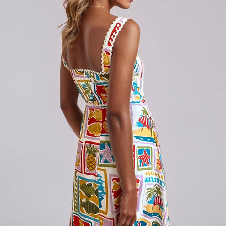 Damen Verspieltes Maxikleid mit buntem Print und schmalen Trägern Drune