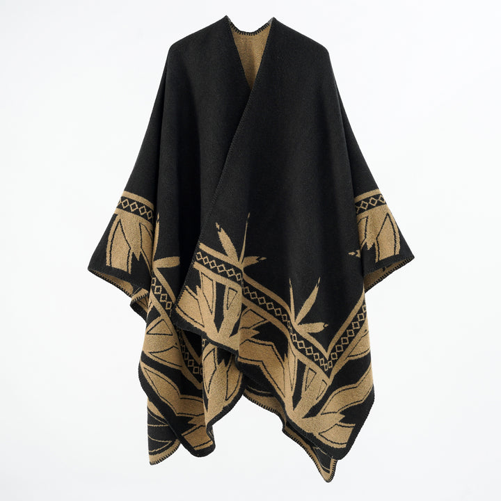 Damen Grobgewebter Umhangponcho aus Wollmix mit V-Ausschnitt und Ornamentjacquard Drune