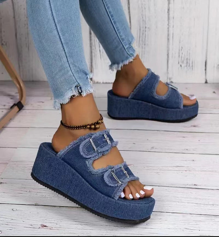 Damen bequeme Plattformsandalen aus Denim mit doppeltem Riemen Drune