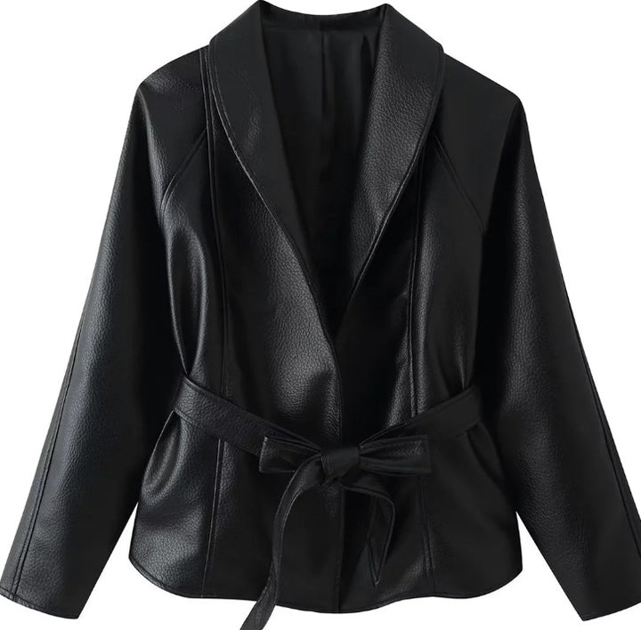 Damen Taillierte Blazerjacke aus Lederimitat mit Schalkragen und Bindegürtel Drune