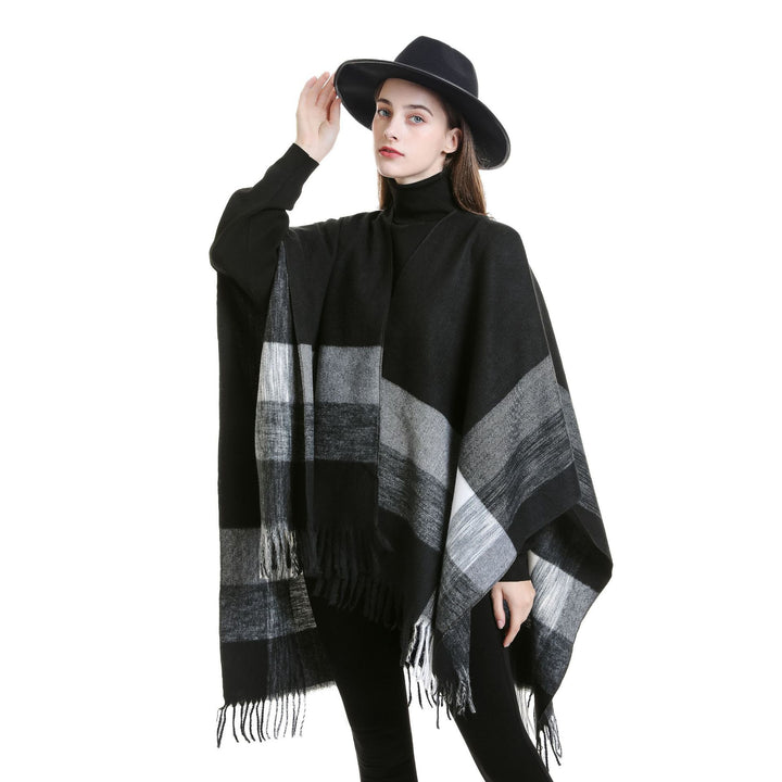 Damen Wollmix-Poncho mit Karomuster und Fransen Drune