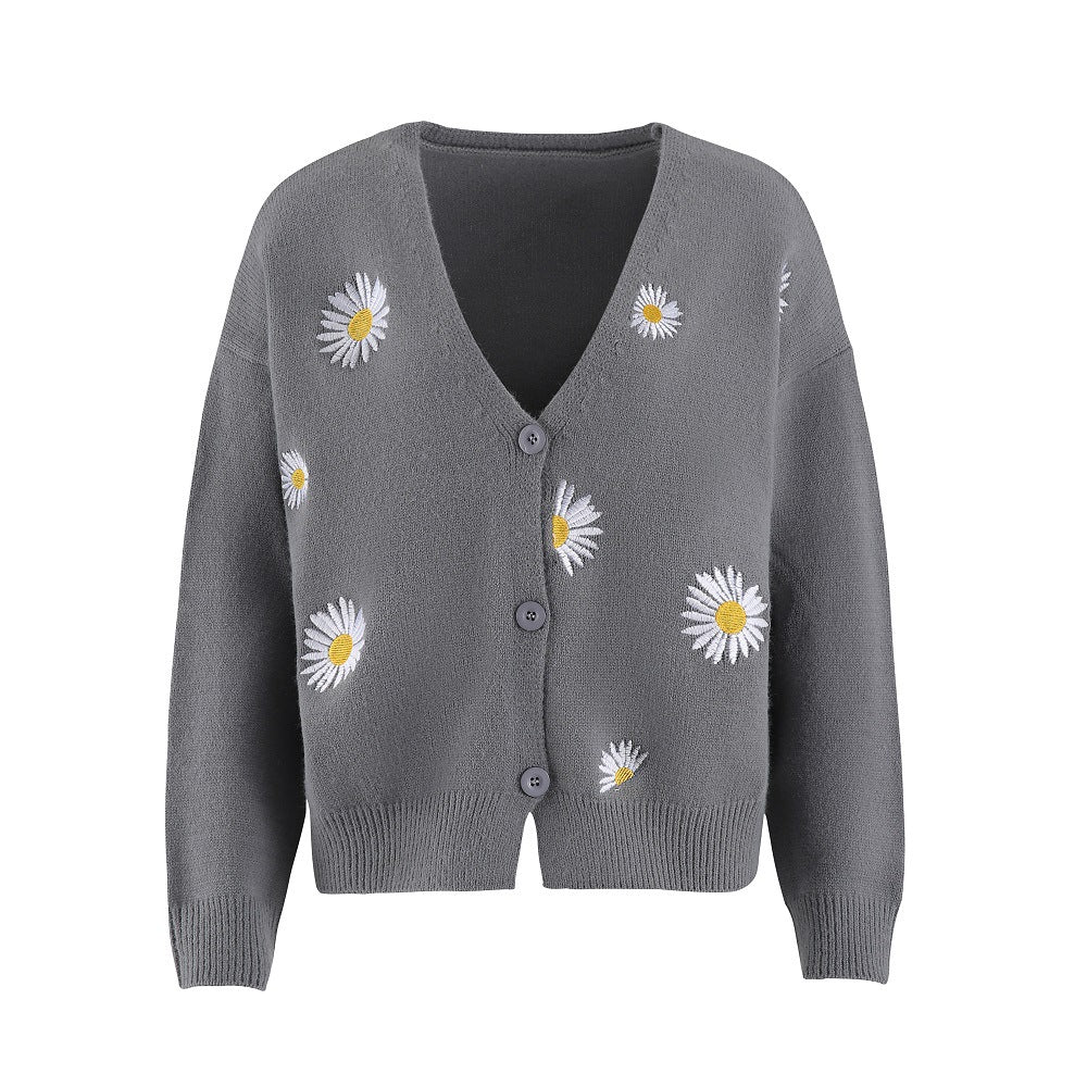 Damen Strickjacke mit floralem Muster und V-Ausschnitt Drune