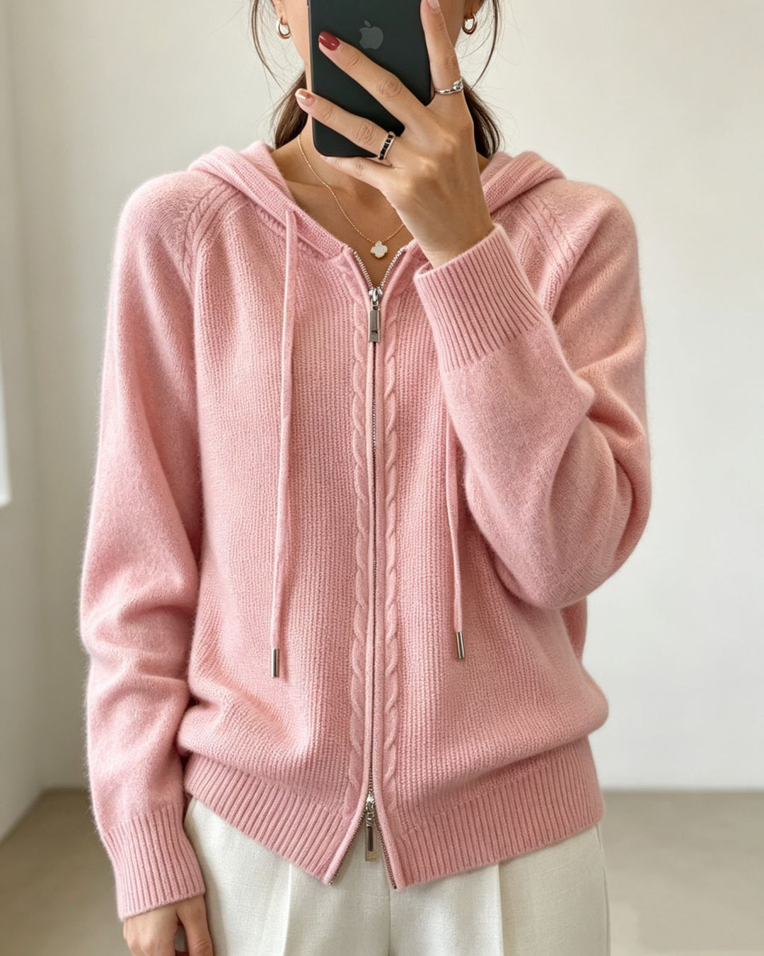 Damen Kapuzen-Cardigan mit Reißverschluss, feinem Feinstrick und gerippten Bündchen Drune