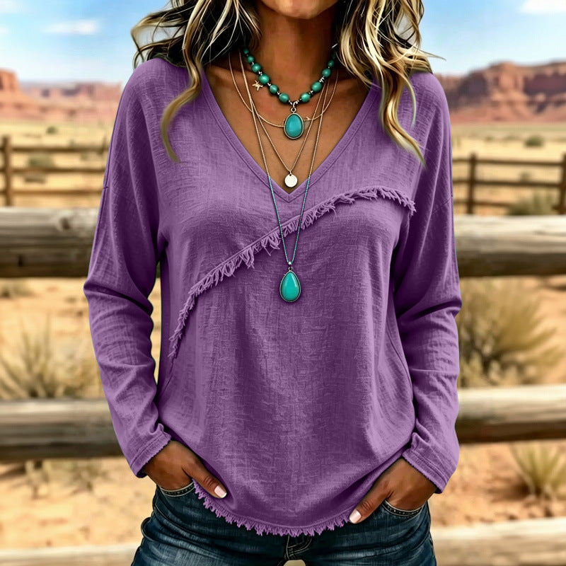 Damen Lässiges V-Ausschnitt Langarmshirt mit diagonaler Fransenblende und Strukturstoff Drune