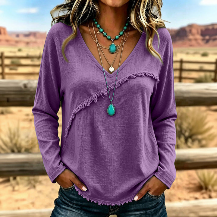 Damen Lässiges V-Ausschnitt Langarmshirt mit diagonaler Fransenblende und Strukturstoff Drune