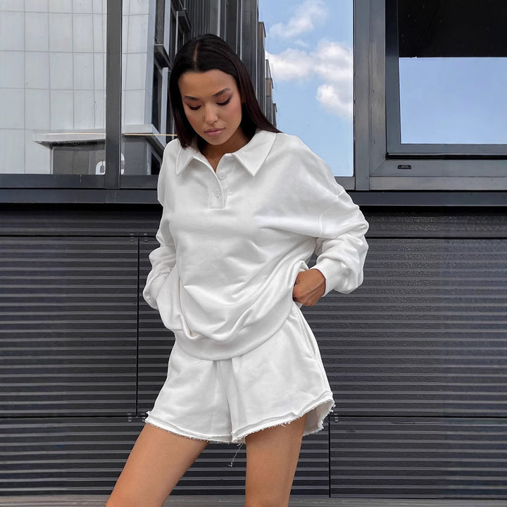 Damen Polo-Sweatshirt und fransige High-Waist Lounge-Shorts Set Drune