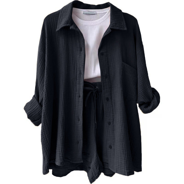 Damen nan lässiges oversized Hemd und Shorts Set mit Brusttasche Kordelbund und gerauter Baumwollstruktur Drune
