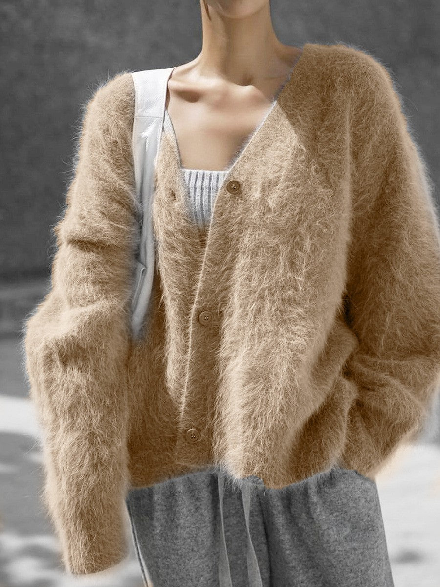 Damen Flauschige Mohair-Optik Strickjacke mit V-Ausschnitt und Oversize-Schnitt Drune