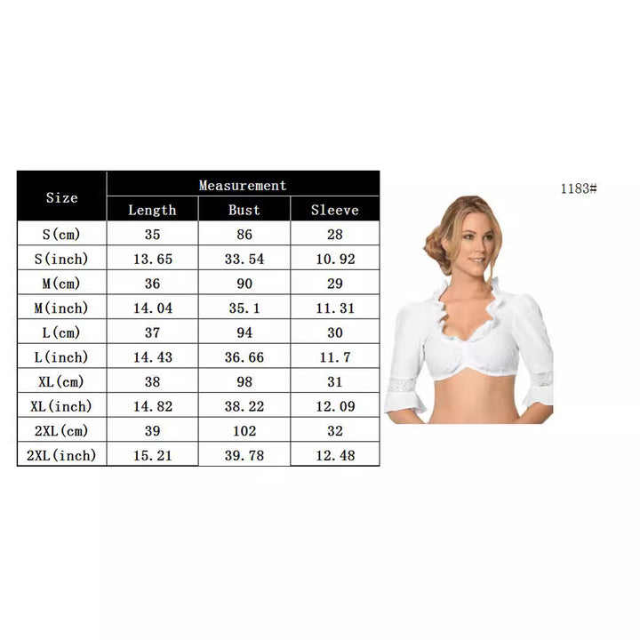 Damen  traditionelle Dirndlbluse mit Rüschenausschnitt und Spitzenbesatz sowie dreiviertelärmel Drune