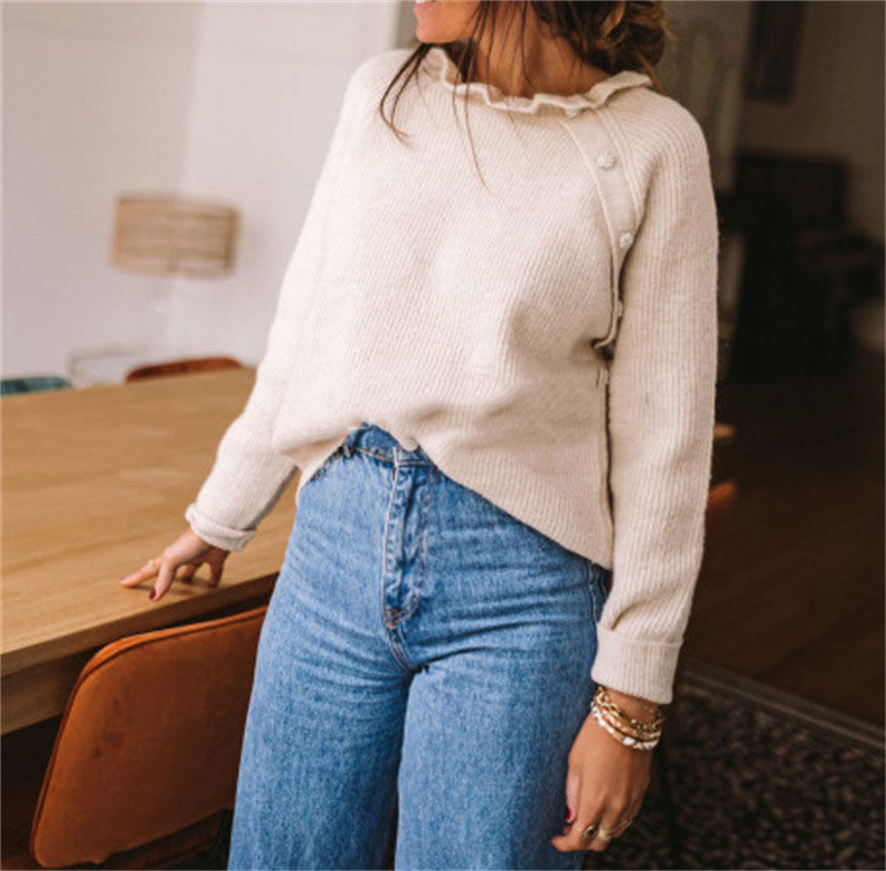 Damen Rippstrickpullover mit Rüschenkragen und seitlicher Knopfleiste Drune