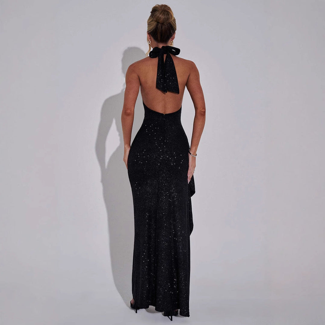 Damen Glamouröses Abendkleid mit Schlitz und Hochkragen Drune